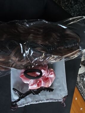 Brown Clip-In Ponytail Hair Extension with Pink Satin Scrunchie 24 Inches